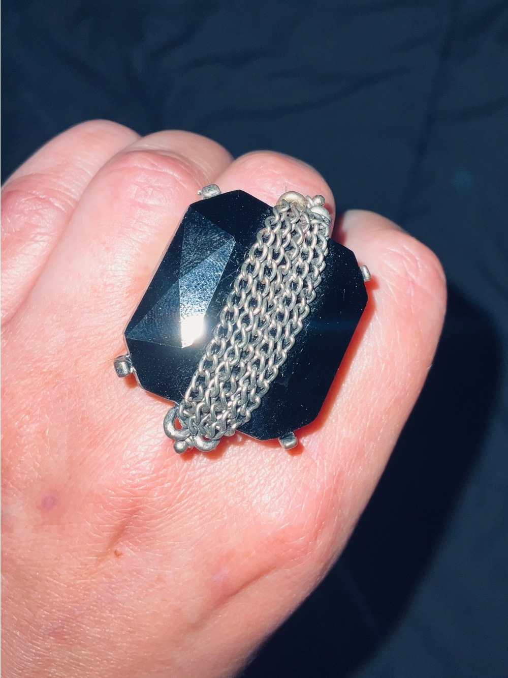 Black Faceted Stone Chain Accent Ring - Women's Fashion Jewelry
